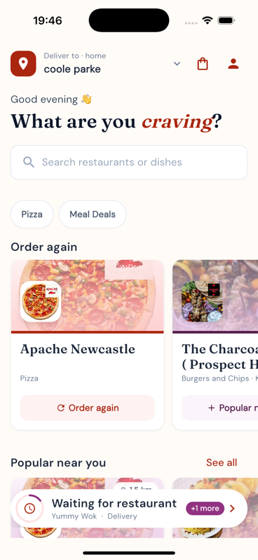 The WhatsForDinner app home screen, showing recent orders and restaurants nearby